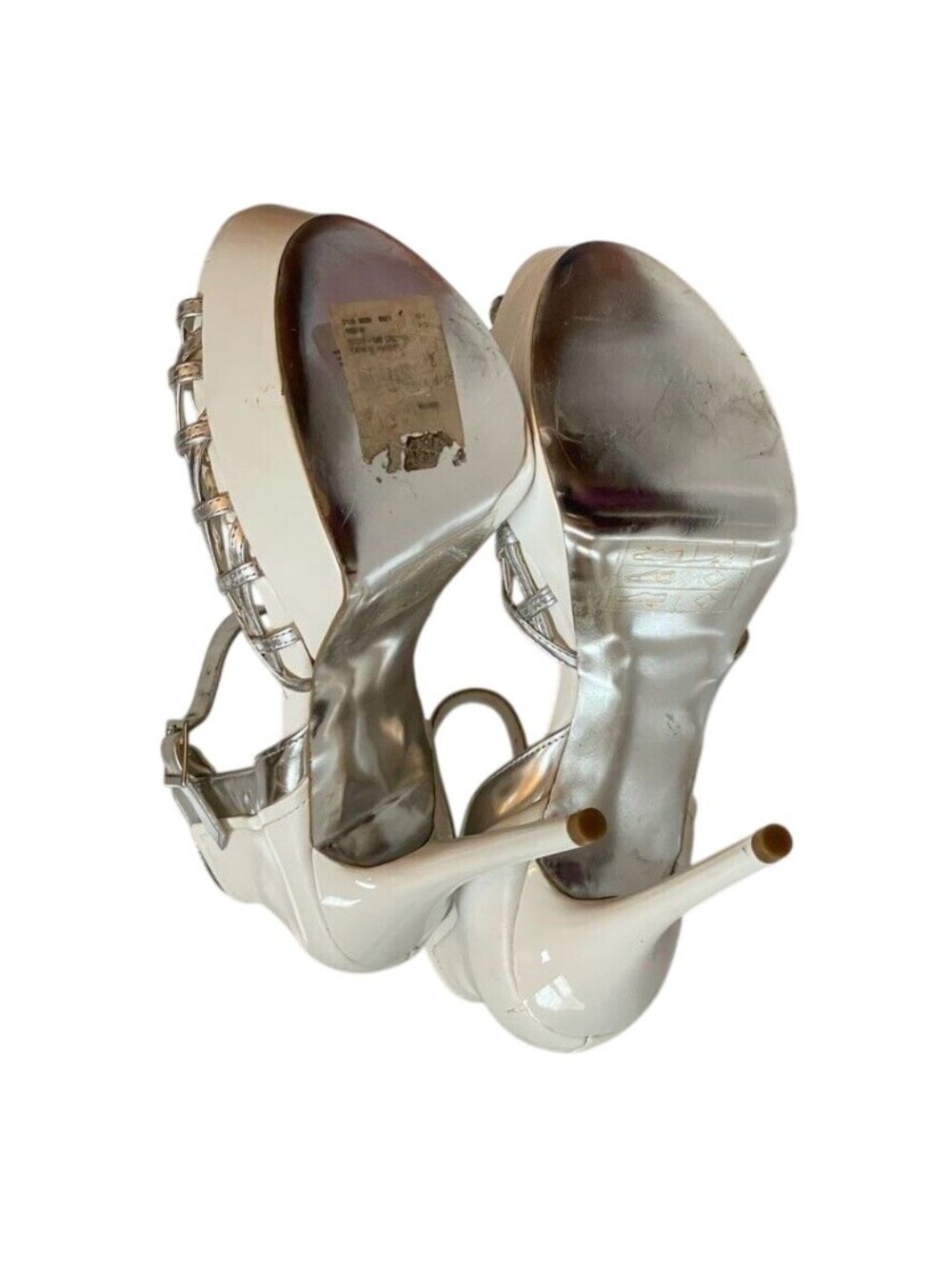 Bebe White & Silver Strappy Leather Platform Heels With Ankle Strap - Size 9 - Picture 7 of 12